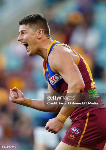 Dayne Zorko of the Lions celebrates a goal during the round 18 AFL match between the Brisbane Lions and the Carlton Blues at The Gabba on July 23,...
