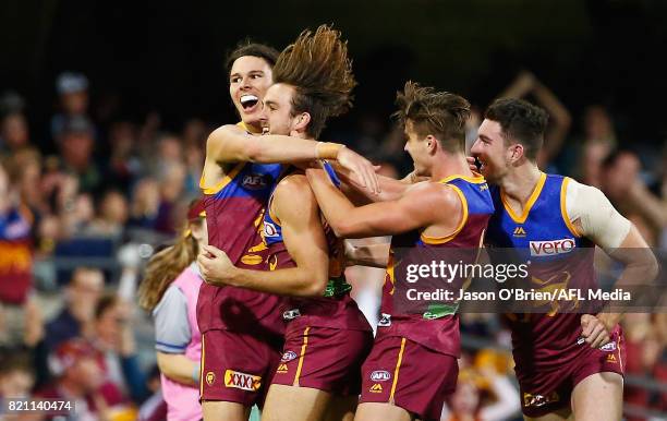 Eric Hipwood of the lions celebrates a goal during the round 18 AFL match between the Brisbane Lions and the Carlton Blues at The Gabba on July 23,...