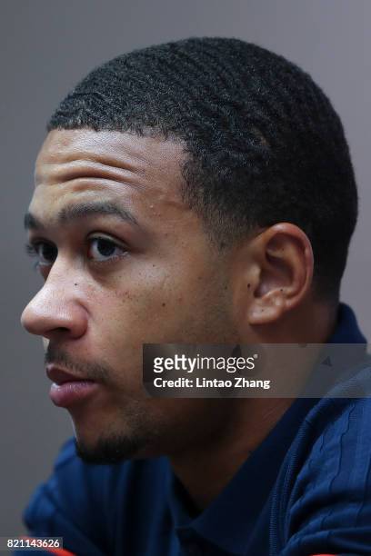 Memphis Depay of Lyon attends the a press conference ahead of the 2017 International Champions Cup football match between Olympique Lyonnais and FC...