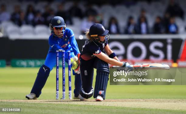 England's Lauren Winfield is bowled by India's Rajeshwari Gayakwad during the ICC Women's World Cup Final at Lord's, London.