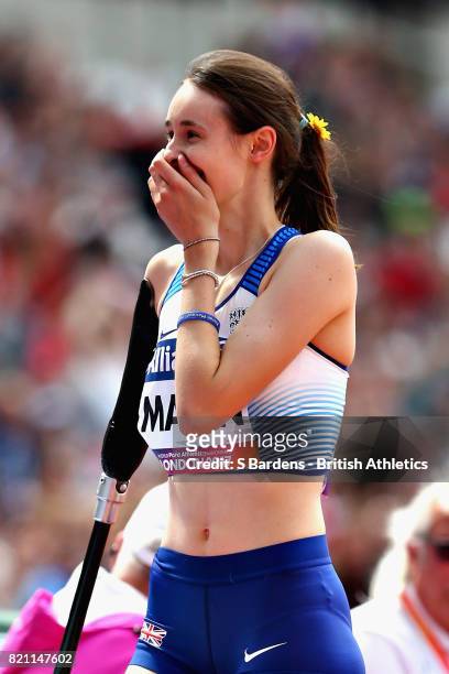 Polly Maton of Great Britain reacts after winning a silver medal in the Womens long jump T47 final during day ten of the IPC World ParaAthletics...