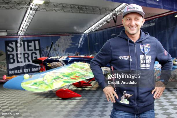 Pilot Petr Kopfstein of the Czech Republic seen as his race plane undergoes technical preparation ahead race day at the fifth stage of the Red Bull...