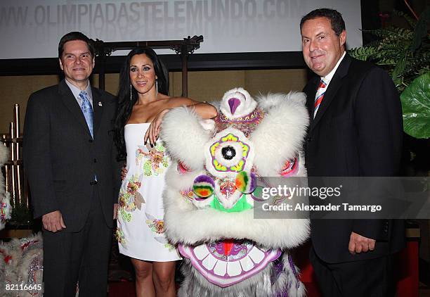 Jessi Losada, Monica Noguera and Andres Cantor pose at the Telmundo announcement of hosts for Beijing 2008 at the Mandarin Oriental hotel on July 29,...