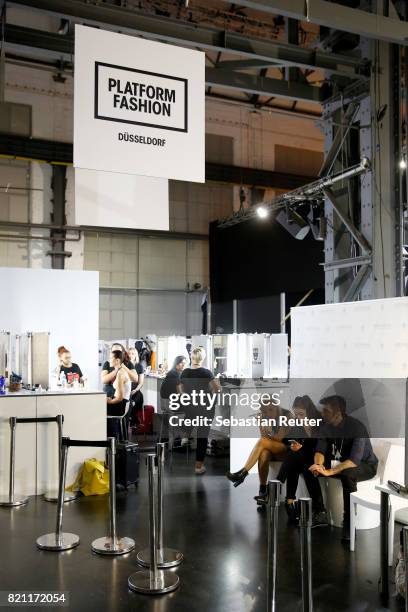 General view backstage ahead of the AMD Exit.17_2 show during Platform Fashion July 2017 at Areal Boehler on July 23, 2017 in Duesseldorf, Germany.