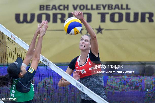 Sarah Pavan from Canada attacks against Talita Da Rocha Antunes from Brazil while women's final during FIVB Grand Tour - Olsztyn: Day 5 on July 23,...