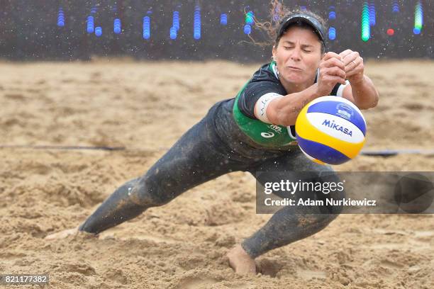 Larissa Franca Maestrini from Brazil receives the ball while women's final during FIVB Grand Tour - Olsztyn: Day 5 on July 23, 2017 in Olsztyn,...