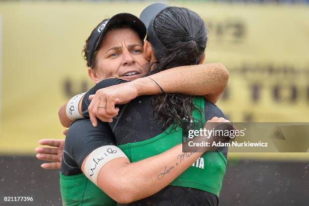 Larissa Franca Maestrini and Talita Da Rocha Antunes both from Brazil celebrate their victory while women's final during FIVB Grand Tour - Olsztyn:...