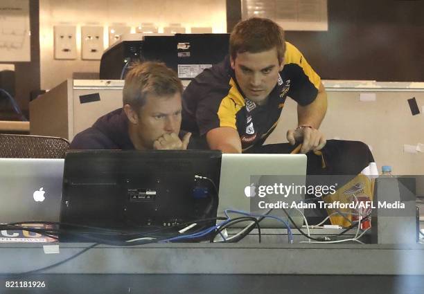 Sam Mitchell of the Eagles looks on form the Eagles coaches box during the 2017 AFL round 18 match between the Collingwood Magpies and the West Coast...