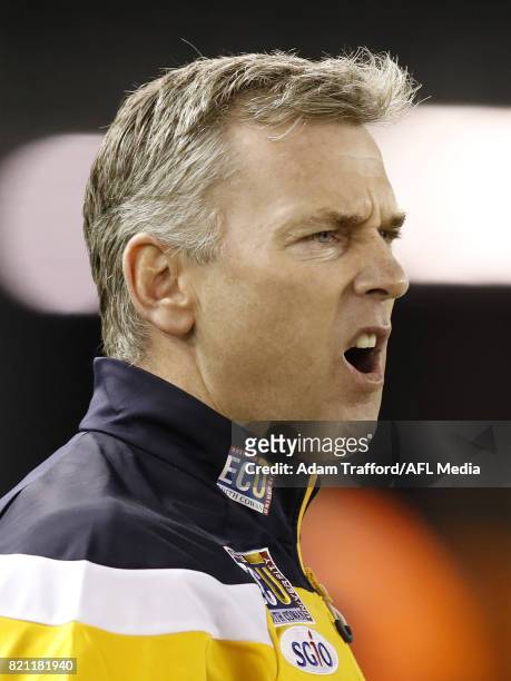 Adam Simpson, Senior Coach of the Eagles addresses his players during the 2017 AFL round 18 match between the Collingwood Magpies and the West Coast...
