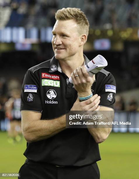 Nathan Buckley, Senior Coach of the Magpies celebrates during the 2017 AFL round 18 match between the Collingwood Magpies and the West Coast Eagles...