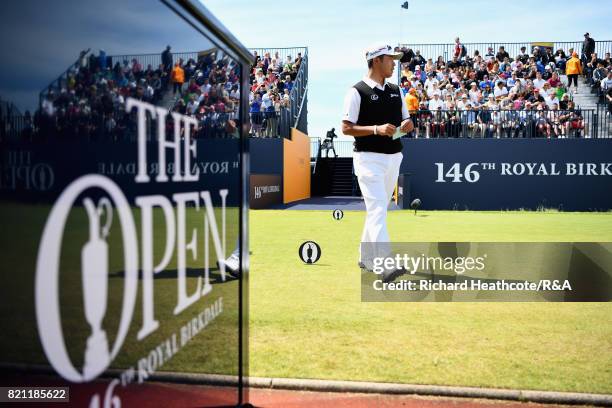 Hideki Matsuyama of Japan walks onto the first tee during the final round of the 146th Open Championship at Royal Birkdale on July 23, 2017 in...