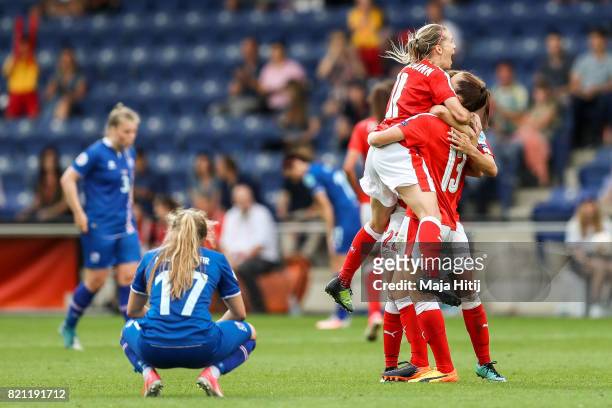 Lara Dickenmann of Switzerland , Vanessa Bernauer and Lia Waelti react after the UEFA Women's Euro 2017 Group C match between Iceland and Switzerland...