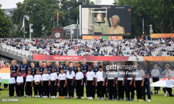 Ex Test cricketer Eileen Ash appears on the big screen ringing the 5 minute bell before the ICC Women's World Cup 2017 Final between England and...