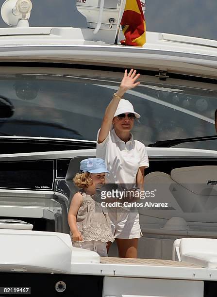 Princess Letizia of Spain and daughter Princess Leonor of Spain on board the yacht "Somni" during the 27th Copa del Rey Mapfre Audi Sailing Cup on...