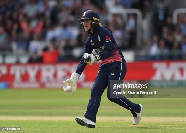 Sarah Taylor of England celebrates the wicket of Mithali Raj of India during the ICC Women's World Cup 2017 Final between England and India at Lord's...