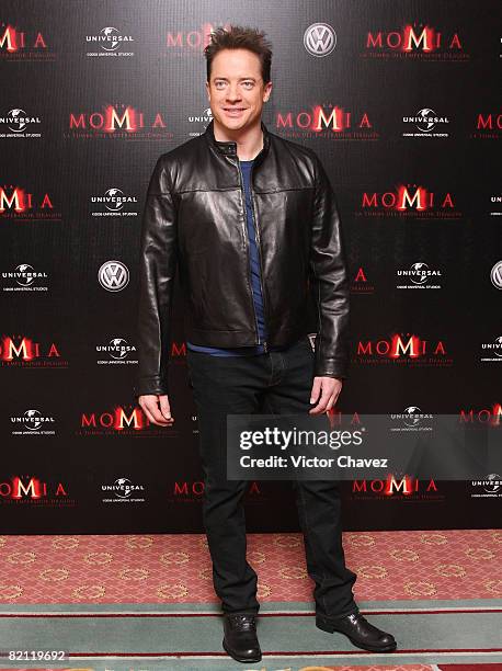 Actor Brendan Fraser poses for photographers during a photocall to promote the film "The Mummy: Tomb of the Dragon Emperor" at Four Seasons Hotel on...