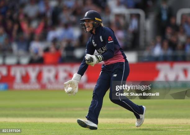 Sarah Taylor of England celebrates the wicket of Mithali Raj of India during the ICC Women's World Cup 2017 Final between England and India at Lord's...