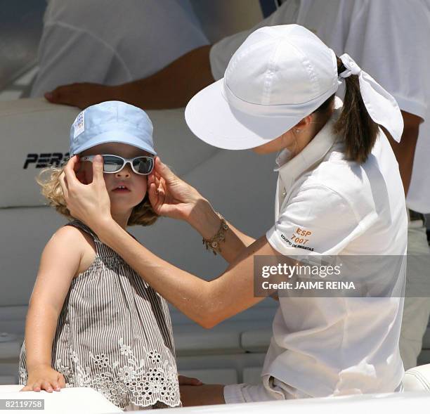 Spain's Princes Letizia and her daughter Leonor watch the third day of racing in the Copa del Rey regatta off the coast of Palma de mallorca on July...