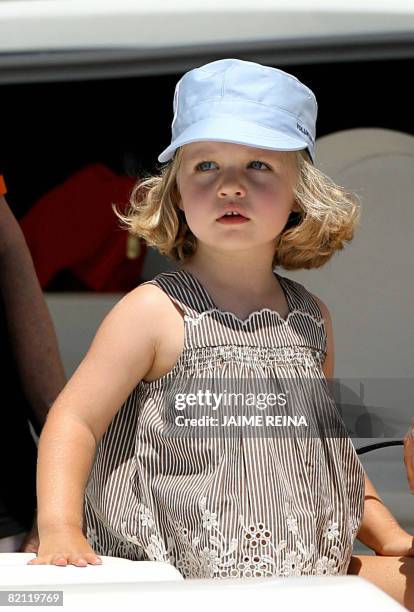 Spain's Princess Leonor watches the third day of racing in the Copa del Rey regatta off the coast of Palma de mallorca on July 30, 2008. The Royal...