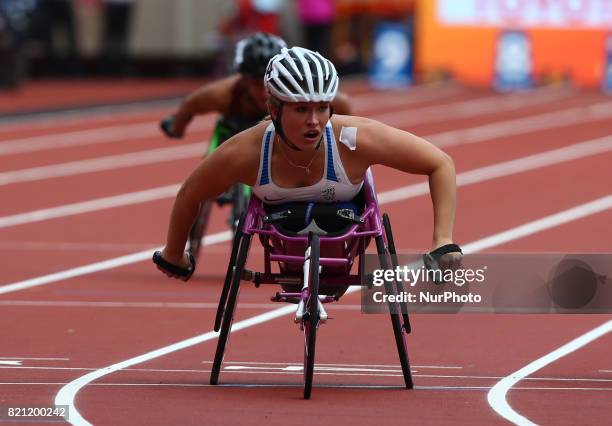 Samantha Kingghorn of Great Britain Woman's 100mT53 Final during World Para Athletics Championships at London Stadium in London on July 23, 2017