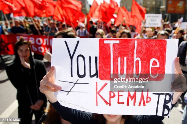 Russian people attend a march titled "For Liberty on the Internet" in Moscow, Russia, on July 23, 2017.