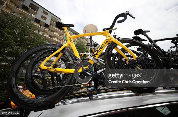 Detailed view of the bike of Chris Froome of Great Britain and Team Sky ahead of stage twenty one of Le Tour de France 2017 on July 23, 2017 in...