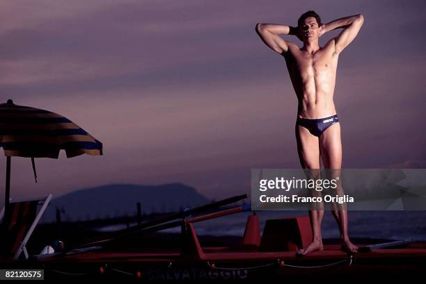 Alexander Popov, called 'The Swimming Tsar', poses on a beach in Giulianova Marche, Italy, 22nd May 2001. The Russian swimmer won both the 50 and 100...