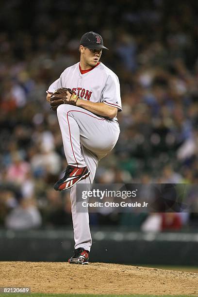 Jonathan Papelbon of the Boston Red Sox pitches against the Seattle Mariners on July 22, 2008 at Safeco Field in Seattle, Washington.