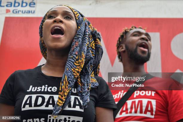 Assa Traore , the elder sister of late Adama Traore, who died during his arrest by the police in July 2016, wearing a tee-shirt reading 'Justice for...