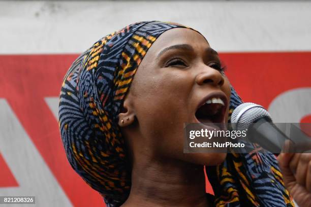 Assa Traore , the elder sister of late Adama Traore, who died during his arrest by the police in July 2016, wearing a tee-shirt reading 'Justice for...