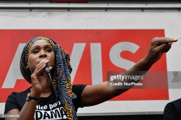 Assa Traore , the elder sister of late Adama Traore, who died during his arrest by the police in July 2016, wearing a tee-shirt reading 'Justice for...