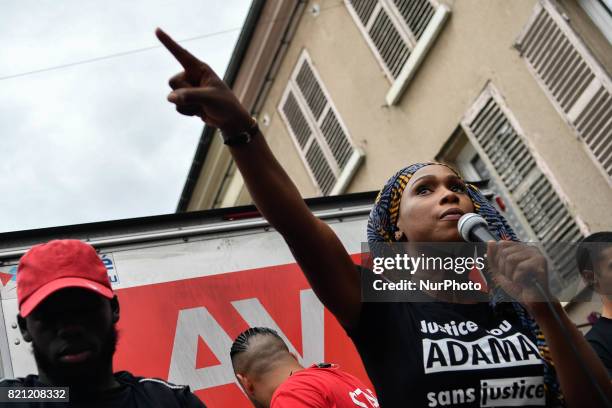 Assa Traore , the elder sister of late Adama Traore, who died during his arrest by the police in July 2016, wearing a tee-shirt reading 'Justice for...