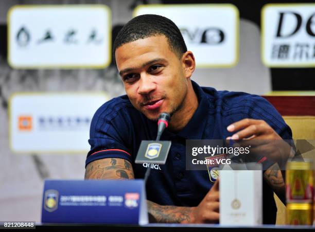 Memphis Depay of Lyon attends the a press conference ahead of 2017 International Champions Cup football match between Olympique Lyonnais and FC...