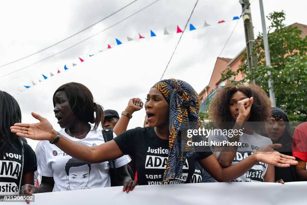 Assa Traore , the elder sister of late Adama Traore, who died during his arrest by the police in July 2016, wearing a tee-shirt reading 'Justice for...