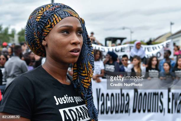 Assa Traore , the elder sister of late Adama Traore, who died during his arrest by the police in July 2016, wearing a tee-shirt reading 'Justice for...