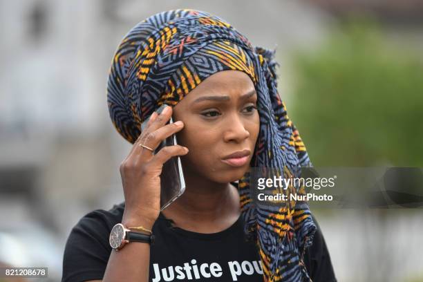 Assa Traore , the elder sister of late Adama Traore, who died during his arrest by the police in July 2016, wearing a tee-shirt reading 'Justice for...