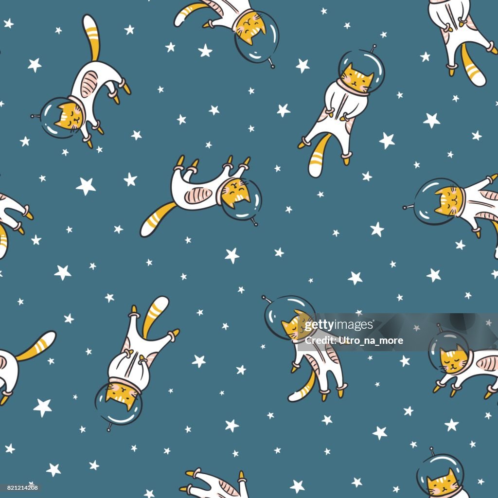 Funny cat astronaut in space, vector seamless pattern. Cat as a cosmonaut, space suit, funny seamless pattern, design for kids
