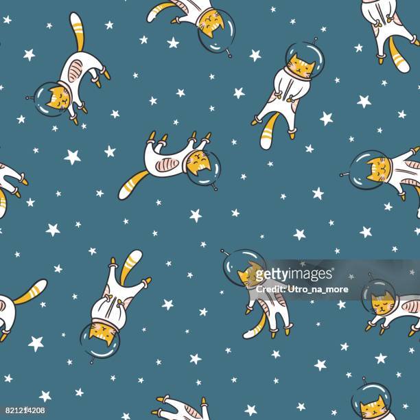 Funny cat astronaut in space, vector seamless pattern. Cat as a cosmonaut, space suit, funny seamless pattern, design for kids