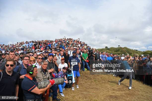 Jordan Spieth of the United States plays his second shot on the sixth hole during the final round of the 146th Open Championship at Royal Birkdale on...
