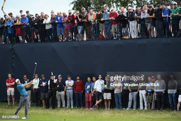 Jordan Spieth of the United States plays his second shot on the fifth hole during the final round of the 146th Open Championship at Royal Birkdale on...