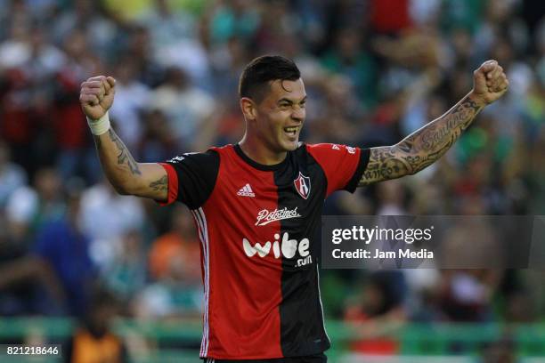 Milton Caraglio of Atlas celebrates after scoring his team's third goal during the 1st round match between Leon and Atlas as part of the Torneo...