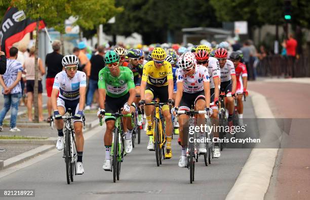 Simon Yates of Great Britain and Orica - Scott, Rigoberto Uran of Columbia and Cannondale Drapac Professional Cycling Team and Warren Barguil of...