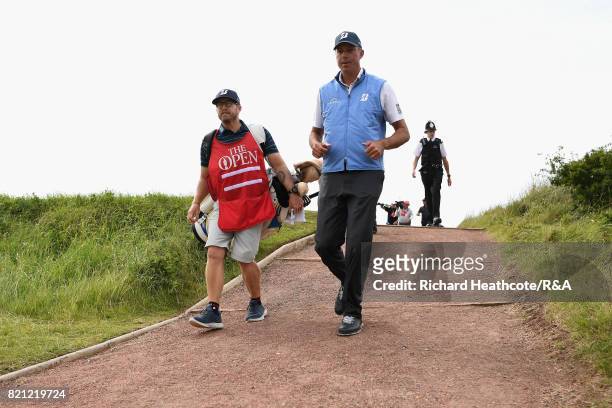Matt Kuchar of the United States and his caddie John Wood during the final round of the 146th Open Championship at Royal Birkdale on July 23, 2017 in...