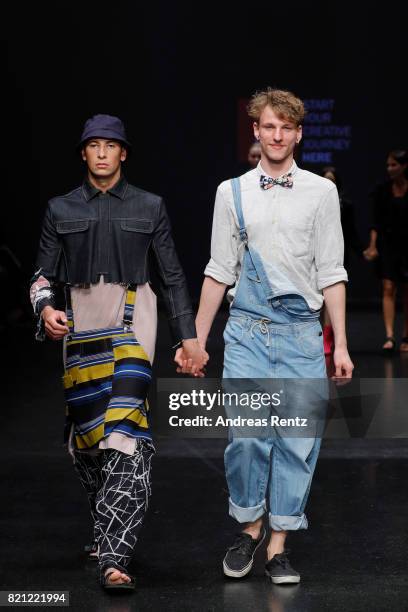 Fynn Rademacher acknowledges the audience after his show 'Untitled' at the AMD Exit.17_2 show during Platform Fashion July 2017 at Areal Boehler on...