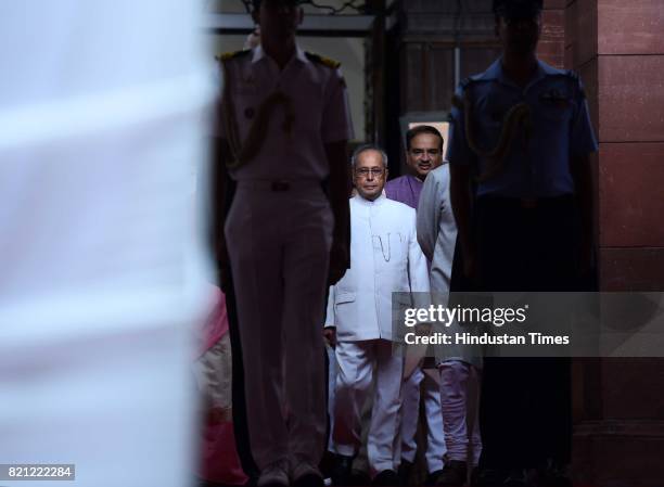 Prime Minister Narendra Modi, President Pranab Mukherjee, and Parliamentary Affairs Minister Ananth Kumar proceed to Central Hall for Pranab...