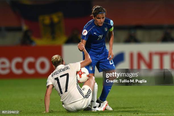 Isabel Kerschowski of Germany is helped by Cristiana Girelli of Italy goalkeeper of Italy in action during the UEFA Women's Euro 2017 Group B match...