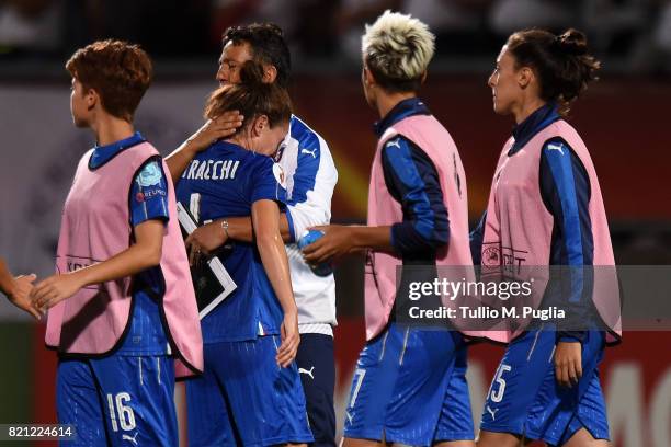 Assistant coach Rosario Amendola comforts Daniela Stracchi after losing the UEFA Women's Euro 2017 Group B match between Germany and Italy at Koning...