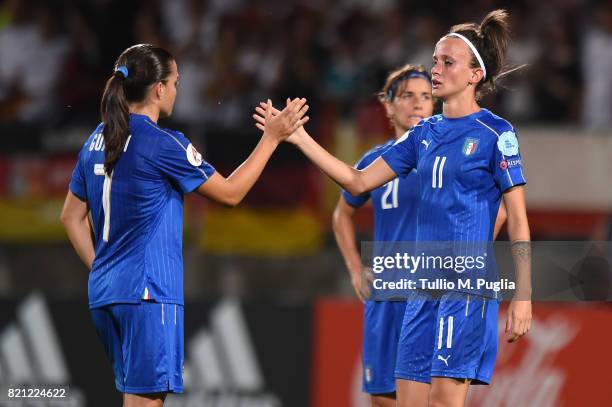 Alia Guagni and Barbara Bonansea of Italy react after losing the UEFA Women's Euro 2017 Group B match between Germany and Italy at Koning Willem II...