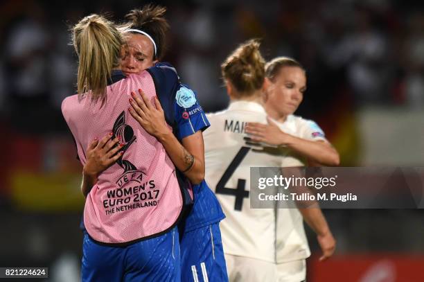 Barbara Bonansea of Italy is comforted after losing the UEFA Women's Euro 2017 Group B match between Germany and Italy at Koning Willem II Stadium on...