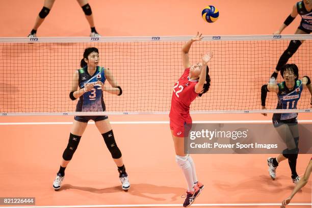 Setter Tatiana Romanova of Russia pass during the FIVB Volleyball World Grand Prix match between Japan vs Russia on July 23, 2017 in Hong Kong, Hong...